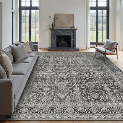 Vintage Area Rug 9x12 Black Washable Living Room Large Carpet Non Slip Bedroom Indoor Office Low Pile Traditional Distressed Retro Accent Rug for Dining Room