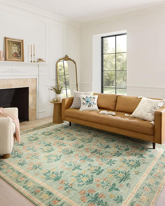 Loloi Rifle Paper Co. Eden Collection EDE-01 Mughal Rose Moss 7'-6" x 9'-6" Area Rug feat. CloudPile™