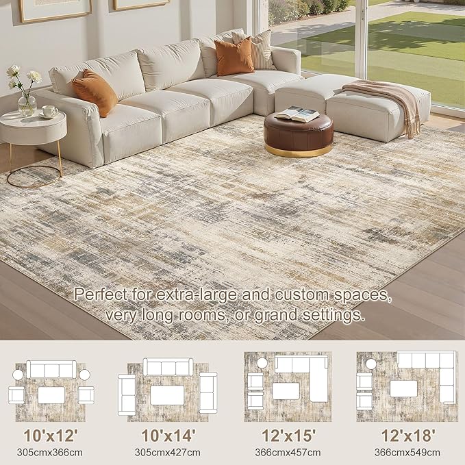 Area Rug for Living Room: 12x15 Washable Neutral Abstract Modern Soft Rugs Non Slip Indoor Floor Stain Resistant Large Carpet for Bedroom Dining Room Office Nursery - Golden Brown