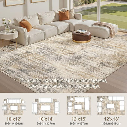 Area Rug for Living Room: 12x15 Washable Neutral Abstract Modern Soft Rugs Non Slip Indoor Floor Stain Resistant Large Carpet for Bedroom Dining Room Office Nursery - Golden Brown