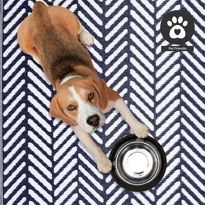 FH Home Outdoor Rug - Waterproof, Fade Resistant, Reversible - Premium Recycled Plastic - Herringbone - Patio, Deck, Porch, Balcony, Laundry Room - Fresno - Navy Crease Free - 4 x 6 ft