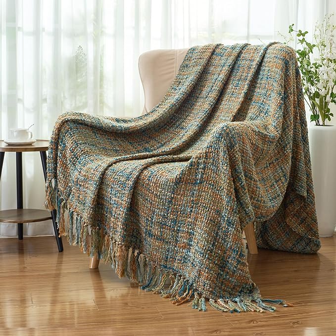 Multi-Color Gold Green Cable Knitted Throw Blanket for Couch,50"X60" Boho Style Textured Blankets for Home Decor,Super Soft Warm Cozy Chunky Knit Blanket with Decorative Tassels for Bed