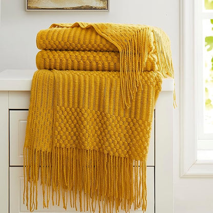 Mustard Yellow Knitted Throw Blankets for Couch, Bedroom and Officeroom,Textured Fade Resistant Soft and Warm Decorative Knitted Blankets with Tassel,50"x60"