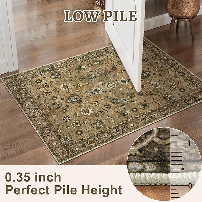 Tangsoo Floral Runner Rug 2x6 Washable Rug for Hallway, Non-Slip Vintage Boho for Entryway Indoor, Brown Print Carpet Runner Rugs, Soft Low Pile Long Runner for Kitchen Bedroom