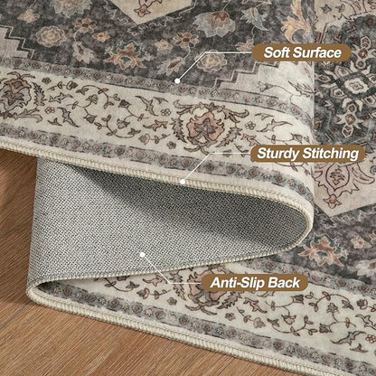 Tangsoo 2x3 Washable Rugs for Entryway, Vintage Non Slip Small Area Rug, Indoor Front Door Rug, Door Mat Small Carpet, Soft Low Pile Entry Rug for Entrance Kitchen Bedroom Print Distressed Grey/Multi
