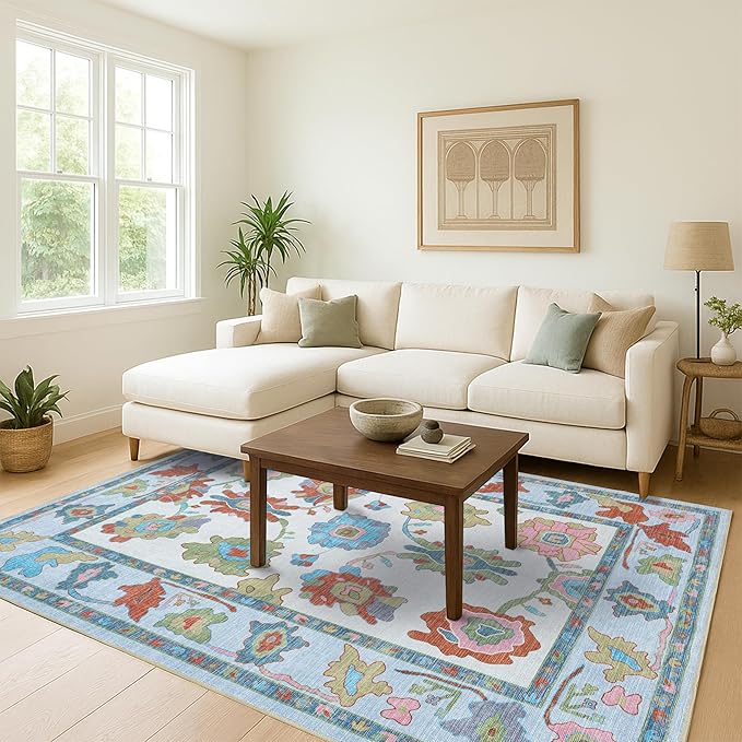 Fame Living Colorful Oushak Rug, Modern Rugs, Vintage, Turkish, Eclectic, Floral, Pastel, Washable, Small Throw, Accent Area Rug for Living Room, Bedroom, Kitchen, Bathroom, 2'5"x4'9"