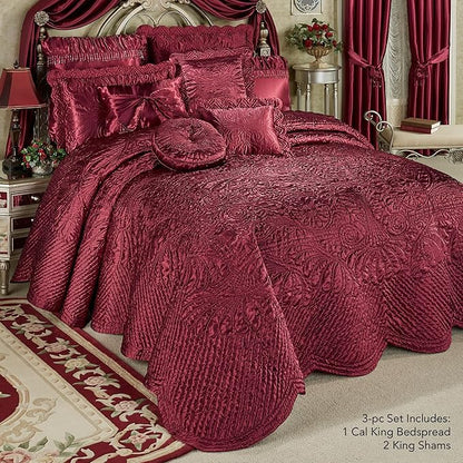Touch of Class Portia Luxury Bedding | Rich Ruby Red | Premier Quilted Polyester Satin | Romantic Hand Guided Machine Quilted Scroll Design 3 Piece Set: Cal King Oversized Bedspread & 2 King Shams