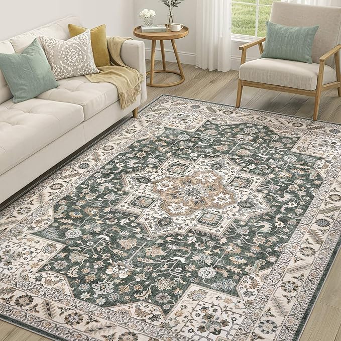Vintage Living Room Area Rug 6x9 - Large Soft Washable Oriental Traditional Distressed Farmhouse Rugs for Bedroom - Indoor Floor Accent Carpet for Home Office House Decor - Vintage Green