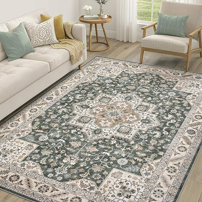 Vintage Living Room Area Rug 5x8 - Large Soft Washable Oriental Traditional Distressed Farmhouse Rugs for Bedroom - Indoor Floor Accent Carpet for Home Office House Decor - Vintage Green