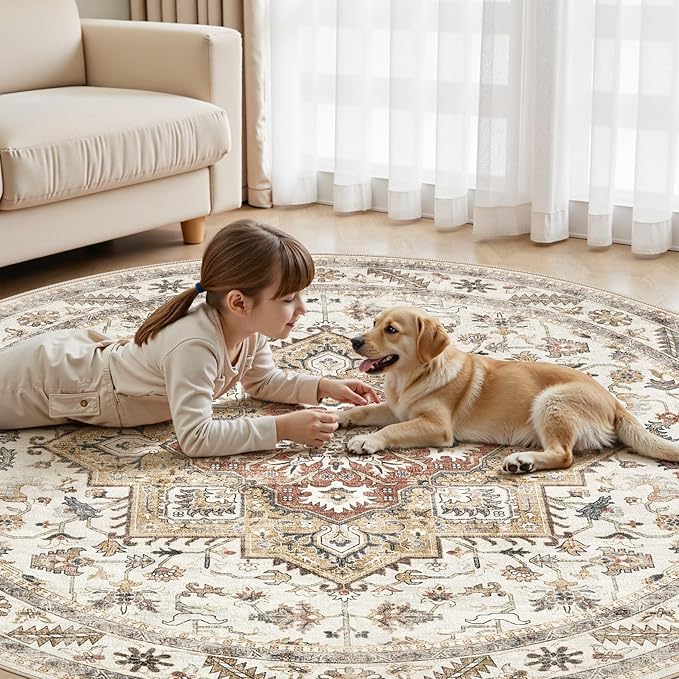 8ft Round Vintage Living Room Area Rug - 8x8 Large Soft Washable Oriental Traditional Distressed Farmhouse Rugs for Bedroom - Indoor Floor Accent Carpet for Home Office House Decor - Golden Taupe