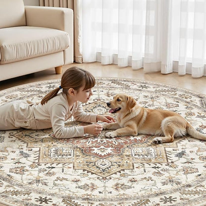8ft Round Vintage Living Room Area Rug - 8x8 Large Soft Washable Oriental Traditional Distressed Farmhouse Rugs for Bedroom - Indoor Floor Accent Carpet for Home Office House Decor - Golden Taupe