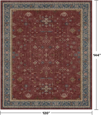 Moroccan Big Rugs for Living Room - Dark Red 10x12 Area Rug for Large Bedroom, Dining Room, Washable Lightweight Foldable Oriental Burgendy Home Décor