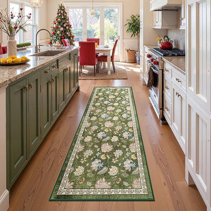 jinchan Elora 3x10 Floral Runner Rug for Hallway Washable Runner Vintage Romance Christmas Design Non Slip Thin Indoor Floor Cover Low-Profile Throw Carpet for Entryway Bathroom Bedroom Porch, Green