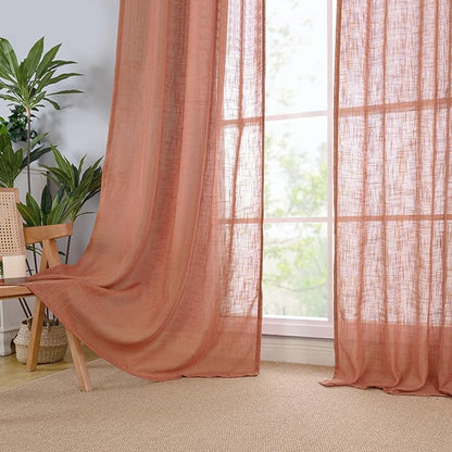 LAMIT Linen Curtains for Living Room 120 Inches Long, Back Tab and Rod Pocket Semi Sheer Panels Light Filtering Farmhouse Drapes for Bedroom/Dining Room, Terracotta, Set of 2, 52 x 120 Inch