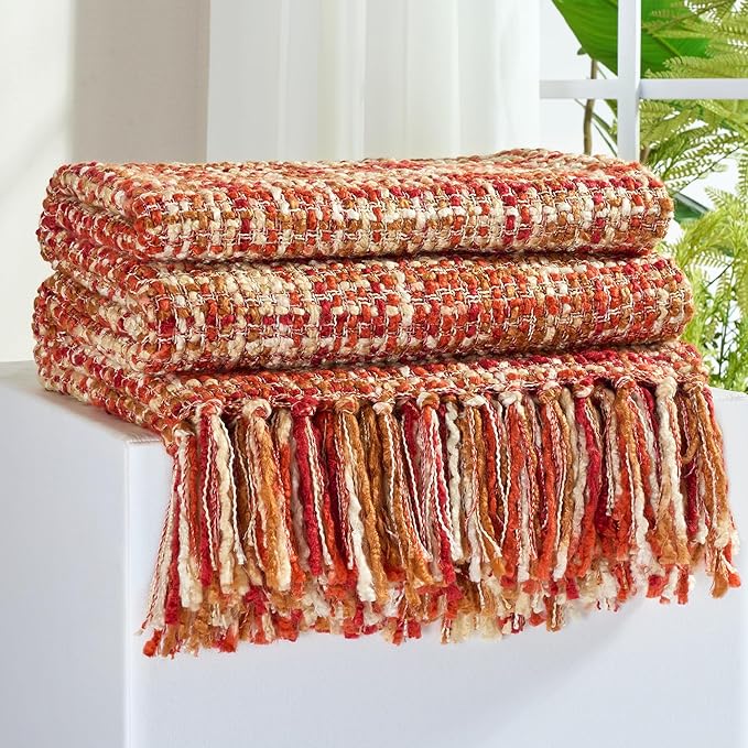 Multi-Color Dark Red Cable Knitted Throw Blanket for Couch,60"X80" Boho Style Textured Blankets for Home Decor,Super Soft Warm Cozy Chunky Knit Blanket with Decorative Tassels for Bed