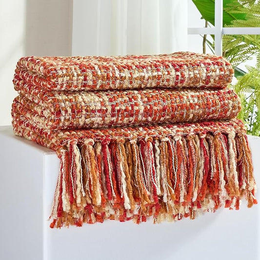 Multi-Color Dark Red Cable Knitted Throw Blanket for Couch,50"X60" Boho Style Textured Blankets for Home Decor,Super Soft Warm Cozy Chunky Knit Blanket with Decorative Tassels for Bed