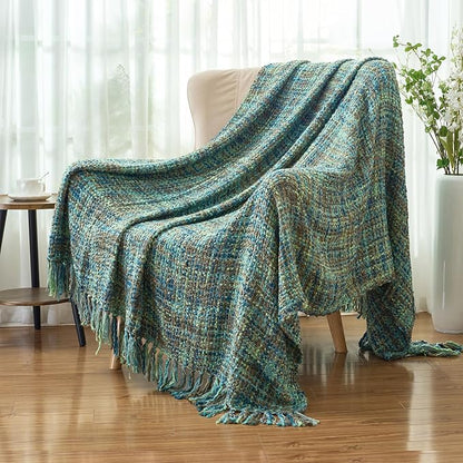 Multi-Color Green Cable Knitted Throw Blanket for Couch,60"X80" Boho Style Textured Blankets for Home Decor,Super Soft Warm Cozy Chunky Knit Blanket with Decorative Tassels for Bed and Sofa