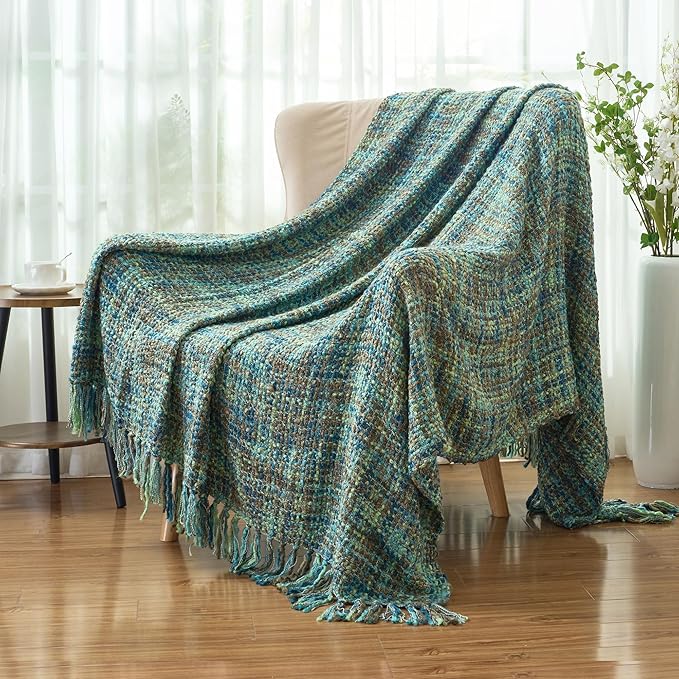 Multi-Color Green Cable Knitted Throw Blanket for Couch,50"X60" Boho Style Textured Blankets for Home Decor,Super Soft Warm Cozy Chunky Knit Blanket with Decorative Tassels for Bed and Sofa