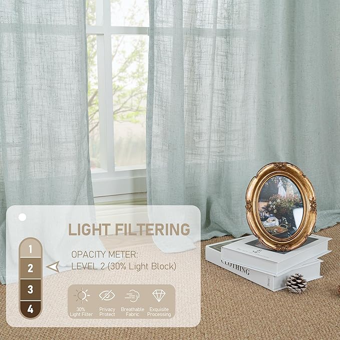 LAMIT Short Linen Curtains 40 Inch Length, Semi Sheer Light Filtering Panels Back Tab and Rod Pocket Neutral Drapes for Basement/Window/Loft Room, Greyish Blue, 34 x 40 Inch, 2 Panels