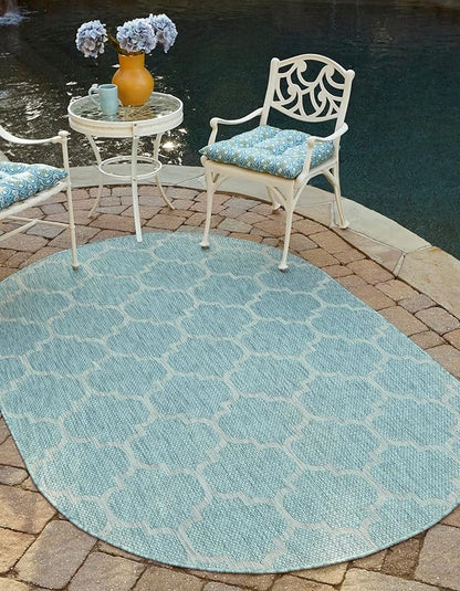 Unique Loom Outdoor Trellis Collection Area Rug - Trellis (Oval 3' 3" x 5' 3", Aquamarine/ Gray)