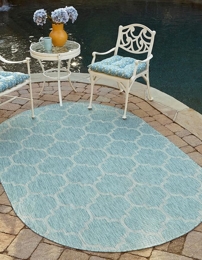 Unique Loom Outdoor Trellis Collection Area Rug (5' 1" x 8' Oval, Aquamarine/ Gray)