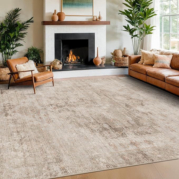 Farmhouse Area Rugs for Living Room - 7x10 Washable Modern Abstract Rug for Bedroom, Dining Room Under Table, Home Office, Soft Washable & Stain Resistance (Beige & Peach)