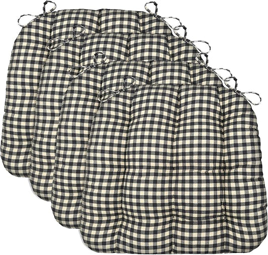 Barnett Home Decor Chair Cushions for Dining Chairs - 15x17 Kitchen Chair Cushions - Machine Washable, 100% Cotton, Made in USA - Latex Foam Chair Pads - Farmhouse Check Black and White Pack of 4