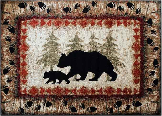Masada Rugs, Cabin Lodge Area Rug Bear and Cub Scene (4 Feet X 5 Feet)