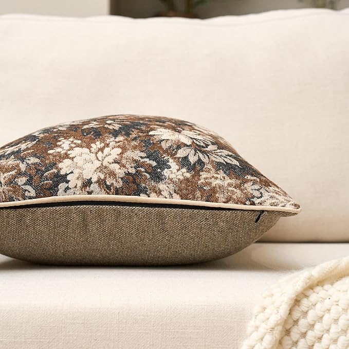 Yangest Neutral Floral Pillow Cover 24 x 24 Inches, Vintage Chenille Square Throw Pillow Cover Soft Decorative Farmhouse Accent Couch Pillow Cover for Living Room Bedroom, Coffee Brown
