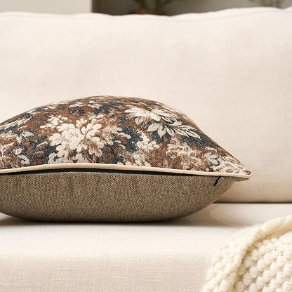 Yangest Neutral Floral Pillow Cover 24 x 24 Inches, Vintage Chenille Square Throw Pillow Cover Soft Decorative Farmhouse Accent Couch Pillow Cover for Living Room Bedroom, Coffee Brown