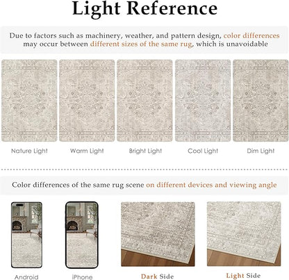 Beige 6x9 Area Rug Washable Vintage Carpet for Living Room Bedroom Large Soft Retro Floral Low Pile Thin Indoor Rug Non Slip Central Medallion Floor Cover for Dining Room Office