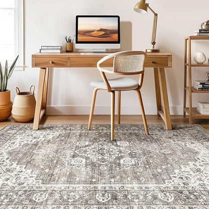 10x14 Area Rugs Living Room: Washable Boho Large Neutral Vintage Soft Rug Stain Resistant Farmhouse Non-Slip Indoor Rustic Floor Carpet for Bedroom Nursery Kids Playroom Office Dining Room- Dark Brown