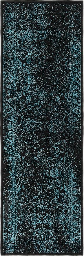 SAFAVIEH Adirondack Collection Runner Rug - 2'6" x 8', Black & Teal, Distressed Vintage Floral Design, Non-Shedding & Easy to Clean, Ideal for Hallway, Foyer, Entryway, Bedroom (ADR109K)