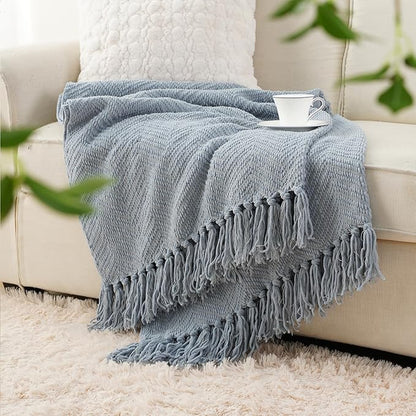 BATTILO HOME Bluish Grey Chenille Throw Blanket for Couch, Knit Throw Blanket,Super Soft Warm Home Decor Throw Blanket with Tassels for Bed,Sofa and Living Room,50" x 60"