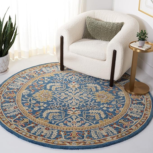 SAFAVIEH Antiquity Collection Area Rug - 6' Round, Dark Blue & Multi, Handmade Traditional Oriental Wool, Ideal for High Traffic Areas in Living Room, Bedroom (AT64B)
