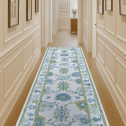 Green Oushak Rug, Modern Rugs, Vintage, Turkish, Eclectic, Floral, Pastel, Washable, Small Throw, Accent Area Rug for Living Room, Bedroom, Kitchen, Bathroom, 2'5"x4'11"