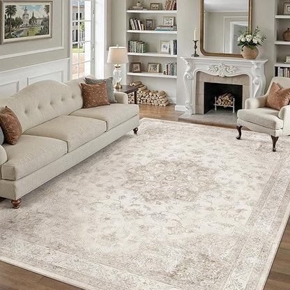 Beige Area Rug 7x9 Washable Living Room Carpet Vintage Non Slip Soft Bedroom Indoor Office Retro Low Pile Thin Oriental Medallion Large Rug for Dining Room Playroom