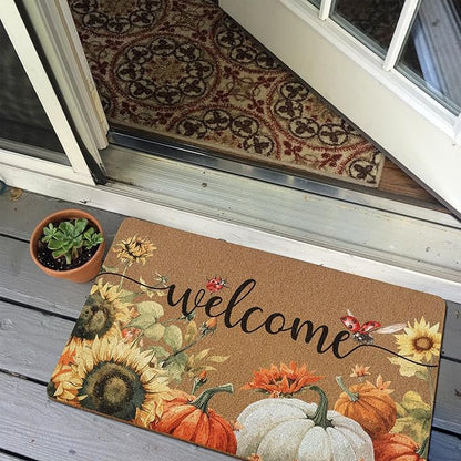 Fall Pumpkin Welcome Door Mat, Autumn Thanksgiving Welcome Front Door Mat Indoor Outdoor Entrance, Fall Pumpkin Sunflower Artificial Coir Doormats Rugs for Porch Entryway Decor 30x17in