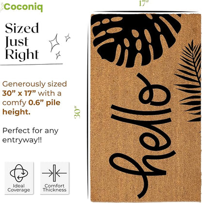 Coir Door Mats 17" X 30", Non-Slip Sturdy, PVC Backed Heavy Duty, Easy to Clean, Ideal for Door Entrance, Patio, Porch, Backyard, Garages, Hello - Black Leaves