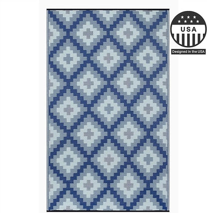 FH Home Outdoor Rug - Waterproof, Fade Resistant, Reversible - Premium Recycled Plastic - Geometric - Patio, Deck, Porch, Balcony, Laundry Room - Aztec Kilim - Blue Multi Crease Free - 4 x 6 ft