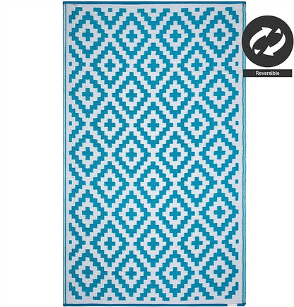 FH Home Outdoor Rug - Waterproof, Fade Resistant, Reversible - Premium Recycled Plastic - Geometric - Patio, Porch, Deck, Balcony - Aztec - Teal & White Crease Free - 5 x 8 ft