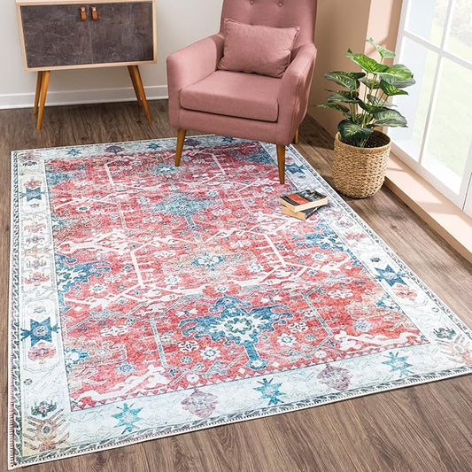 Bloom Rugs Washable Non-Slip 4' x 6' Rug - Red/Blue Traditional Area Rug for Living Room, Bedroom, Dining Room, and Kitchen - Exact Size: 4' x 6'