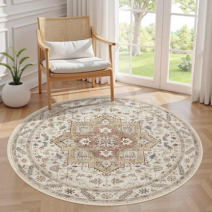 5ft Round Vintage Living Room Area Rug - 5x5 Large Soft Washable Oriental Traditional Distressed Farmhouse Rugs for Bedroom - Indoor Floor Accent Carpet for Home Office House Decor - Golden Taupe