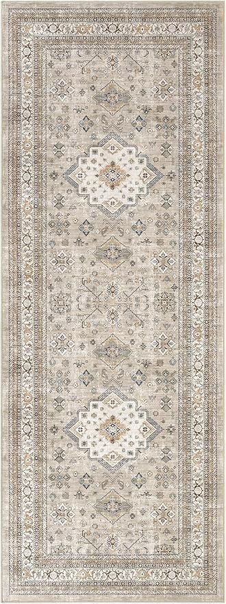 Vintage Hallway Runner Rug 3x8: Large Soft Washable Entryway for Kitchen Laundry Room Non-Slip Backing Runner for Entrance Living Room Bedroom Bathroom - Beige