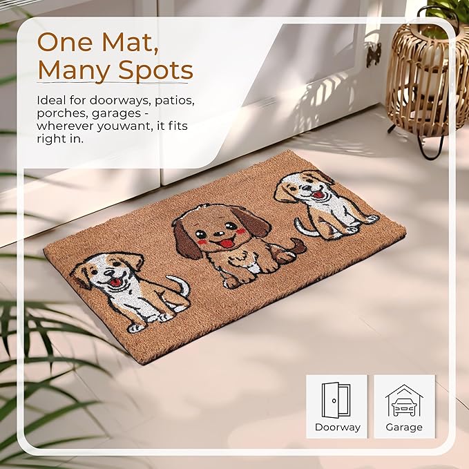 Coir Door Mats 17" X 30", Non-Slip Sturdy, PVC Backed Heavy Duty, Easy to Clean, Ideal for Door Entrance, Patio, Porch, Backyard, Garages, The 3 Cute Musketeer Puppies