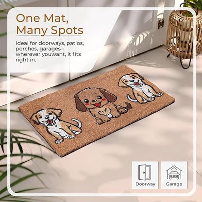 Coir Door Mats 17" X 30", Non-Slip Sturdy, PVC Backed Heavy Duty, Easy to Clean, Ideal for Door Entrance, Patio, Porch, Backyard, Garages, The 3 Cute Musketeer Puppies