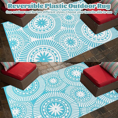 Ileading Large Plastic Outdoor Rug 8x10ft Modern Geometric Style Reversible Patio Area Rugs Waterproof Non Shedding Portable Carpets for Rv Outside Deck Pool Beach Picnic Camping (Teal)