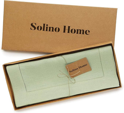 Solino Home Linen Table Runner 48 Inches - 100% Pure Linen Sage Green Hemstitch Table Runner 14 x 48 Inch Ideal for Dresser and Coffee Tables - Christmas, New Year - Classic Hemstitch
