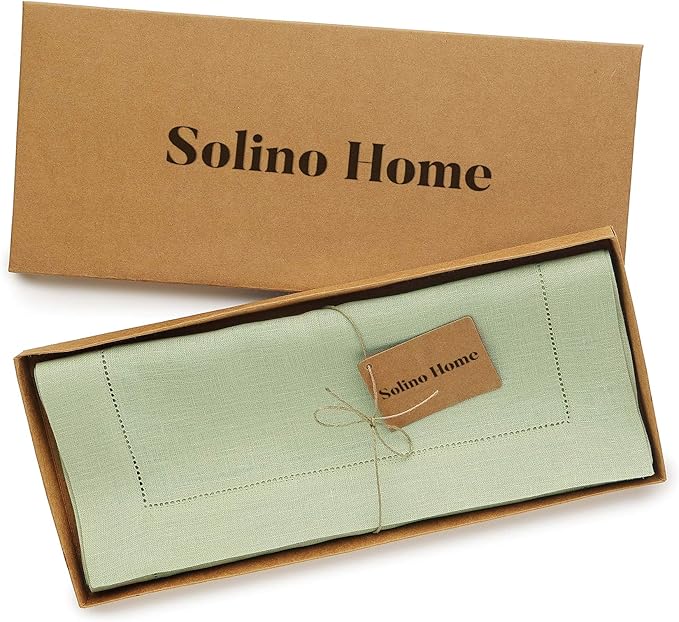 Solino Home Linen Sage Green Table Runner 144 Inches Long - 100% Pure Linen Extra Long Table Runner 14 x 144 Inch for Christmas, New Year - Classic Hemstitch