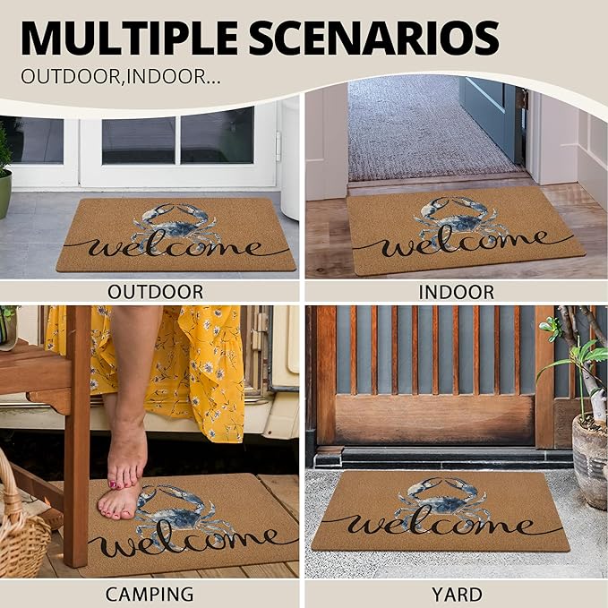 Blue Crab Welcome Door Mat, Beach Framhouse Doormat, Lake Sea Welcome Front Door Mat Indoor Outdoor Entrance, Funny Artificial Coir Doormats Rugs for Patio Entry Beach House Decor 30x17in